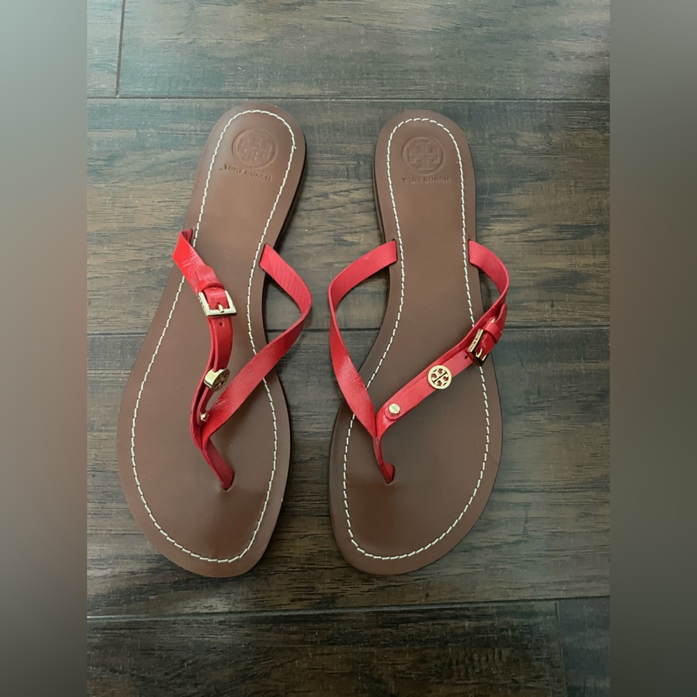 Tory Burch Red Leather Double-Strap Thong Sandals with Gold Logo